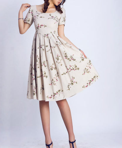 Floral Linen Cotton Midi Dress - A-Line Scoop Neck | Xiaolizi 139