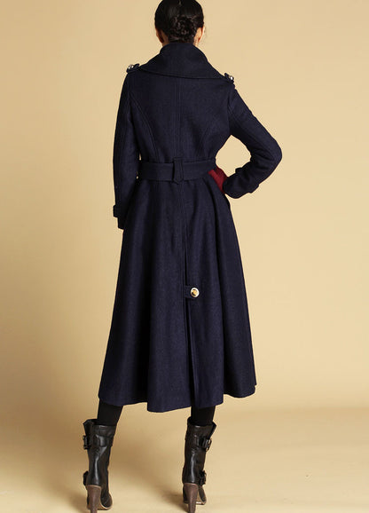 Navy Wool Maxi Coat - Military Details with Flared Hem 475