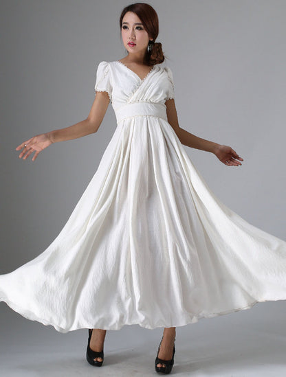 White Linen Maxi Dress - V-Neck Fit & Flare Lace Detail | Xiaolizi 959