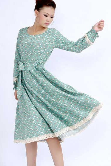 Handmade Floral Linen Midi Dress – Lace-Trim Day Dress with Belt | Xiaolizi 270