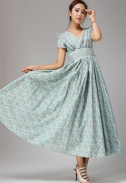Vintage Floral Linen Cotton Maxi Dress – Women’s 1950s Inspired Prom & Bridesmaid Dress 0665