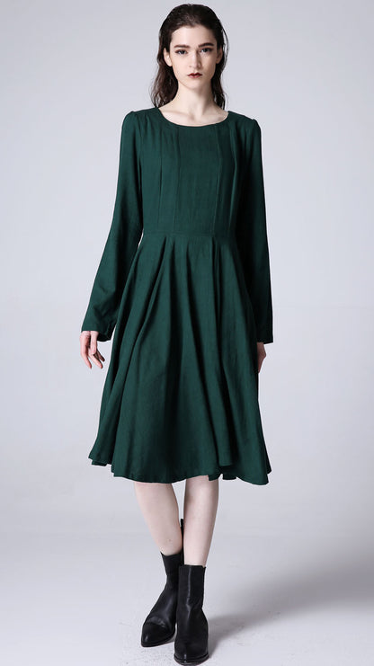 Green Linen Dress – Handmade Long Sleeve Fit & Flare Midi | Xiaolizi 1176