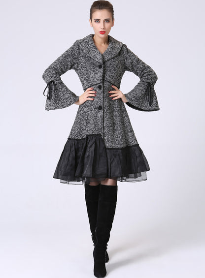 Grey Wool Blend Swing Coat - Cowl Neckline & Bell Cuffs 1052