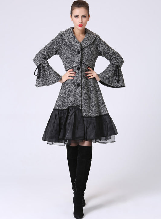 Wool Blend swing Jacket coat with Cowl Neckline, Bell Cuffs and Ruffle Trim Hem 1052#