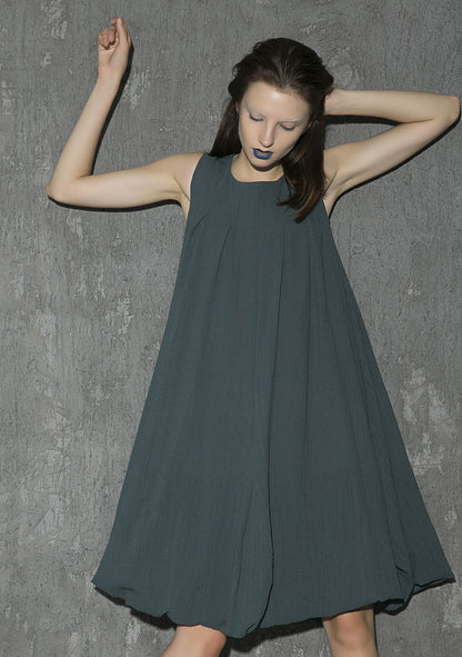 Green Linen Maxi Dress - Sleeveless, Round Neck 1314