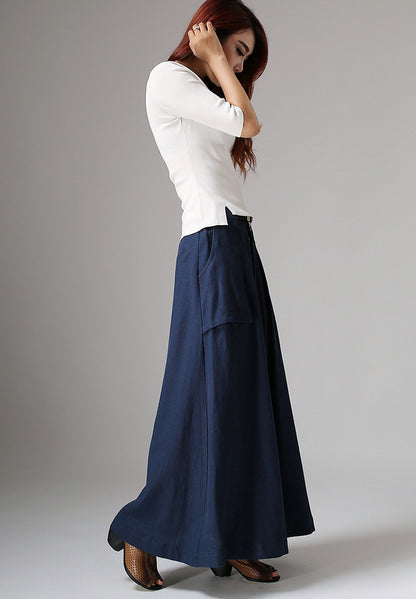 Blue Linen Cotton Maxi Skirt - Flowy Silhouette with Big Pockets 1036