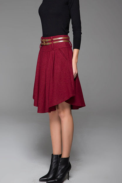Red Wool Knee-Length Skirt - Pleated Waist & Asymmetrical Hemline 1427