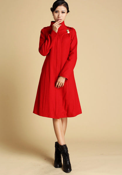 Handmade Red Wool Coat – Elegant Military Style Winter A-Line Overcoat 0343
