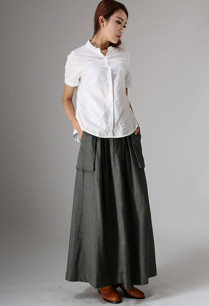 Olive Green Linen Cotton Maxi Skirt – Vintage High Waist Skirt with Large Pockets 0987