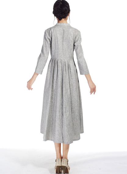 Beige Cotton Linen Maxi Shirt Dress - V-Neck, 3/4 Sleeve 518