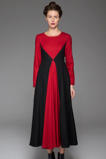 Red and Black Wool Maxi Dress - Elegant Winter Warmth 1445