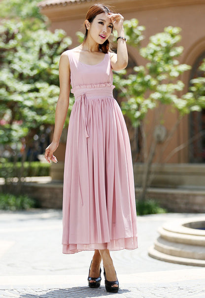 Pink Chiffon Maxi Dress - Sleeveless, Round Neck, Elegant Waist Detail 1008