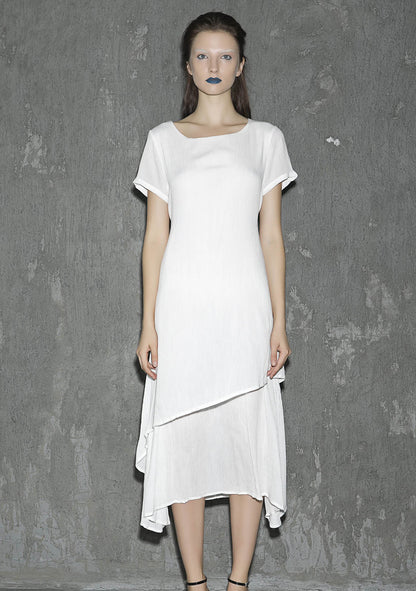 White Linen Maxi Dress - Layered Soft Round Neck 1309