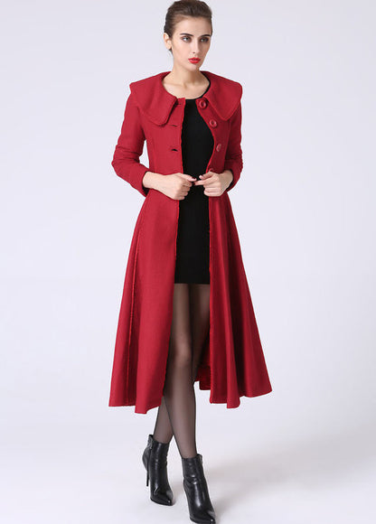 Vintage Wool Coat for Women – Handmade Red Princess Style Long Winter Coat with Lace Trim | Xiaolizi 1065