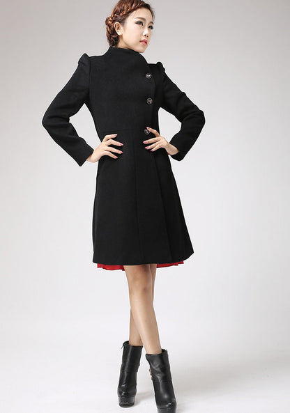 Black Wool Coat Dress – High Neck Vintage Fit-and-Flare Overcoat 715