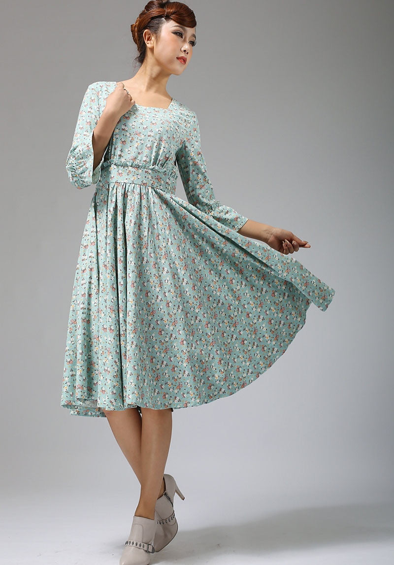 Blue linen dress floral print midi dress women dress 678#