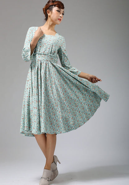 Blue Linen Midi Dress - Floral Print with Ruffle Details 678