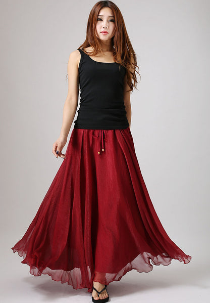 Red Chiffon Maxi Skirt - Elastic Waist with Ruffle Detail 862