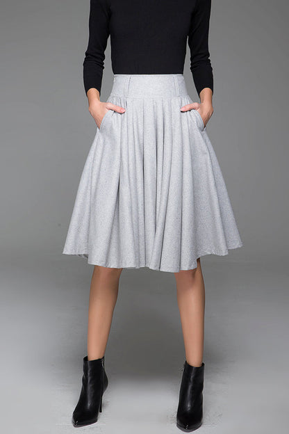 Grey Wool Midi Skirt - Pleated Flowy Silhouette with Pockets 1434