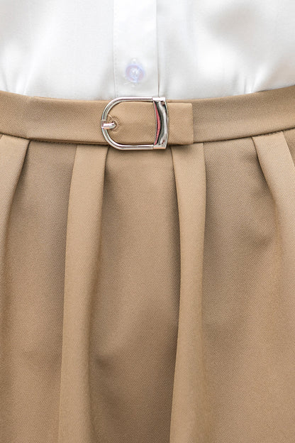 Khaki Polyester Midi Skirt - High Waisted Pleated Detail 3535