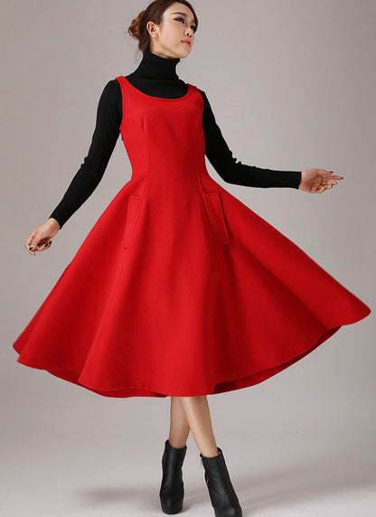 Red Wool Maxi Dress - Sleeveless Flared Silhouette 769
