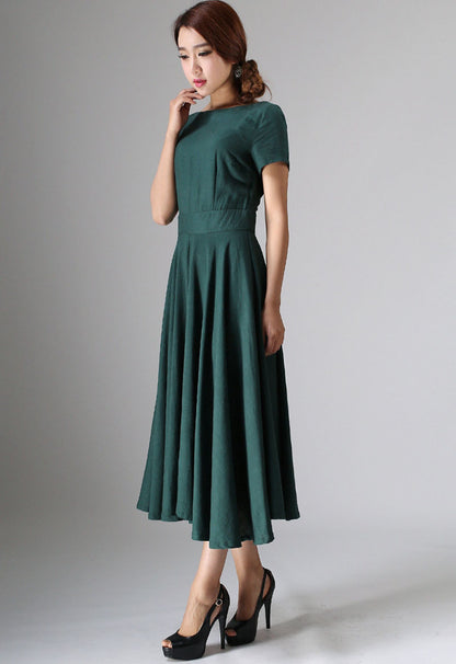 Elegant Linen Blend Midi Dress – Vintage Fit and Flare Boat Neck Dress 0971