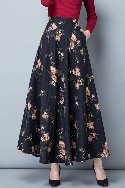 Black Floral Linen Skirt - High Waist A-Line Maxi Skirt 4111