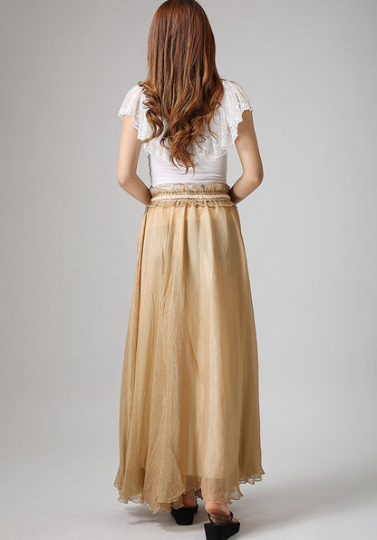 Khaki Chiffon Maxi Skirt - Ruffle Waist, Elastic Stretch 892