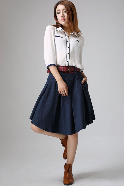 Blue Linen Cotton Pleated Skirt with Irregular Hem and Pockets | Xiaolizi 906