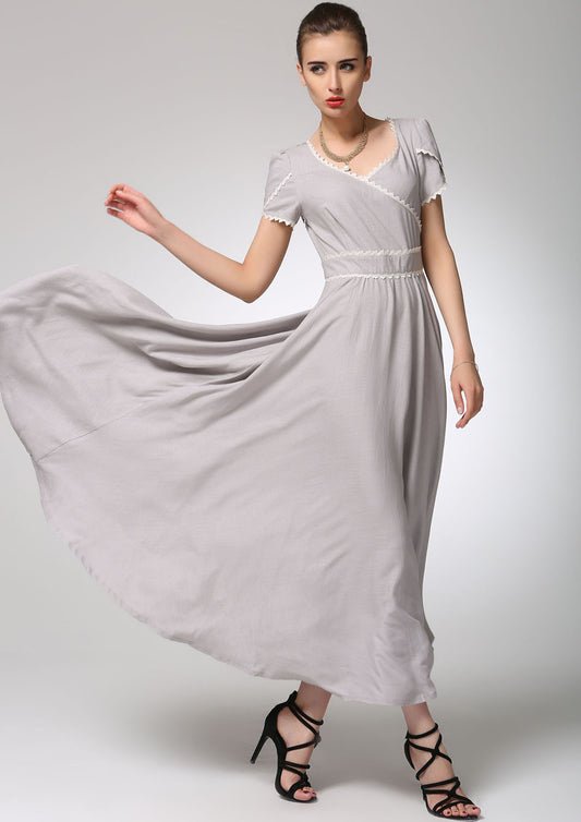 Light grey linen dress maxi dress women prom dress (1260)
