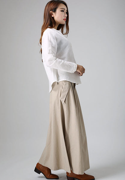 Khaki Linen Cotton Blend Maxi Skirt - Pleated Waist with Flap Pocket Detail 903