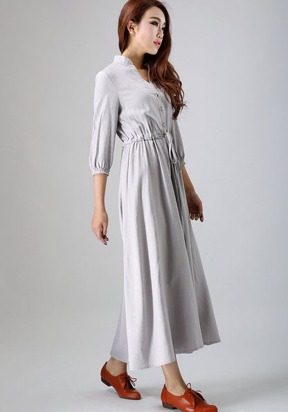 Gray Cotton-Linen Maxi Shirt Dress with Buttons and Pockets | Xiaolizi 0785