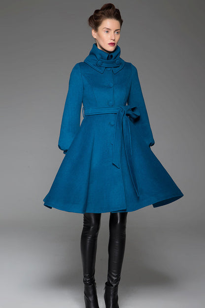 Handmade Blue Wool Blend Coat with Oversized Collar & Belt – Timeless Vintage Elegance 1425