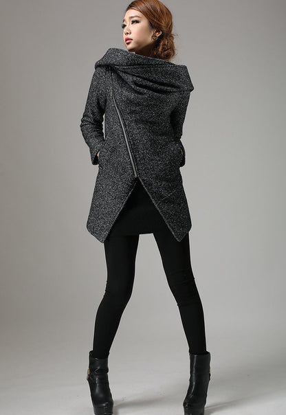 Charcoal Black Biker Wool Coat – Cowl Neck Hooded Winter Jacket | Xiaolizi 735