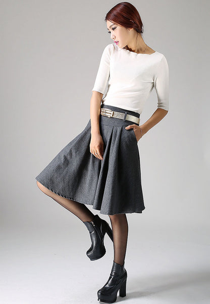 Dark Gray Wool Skirt – Vintage Fit and Flare Pleated Knee-Length Skirt 1099