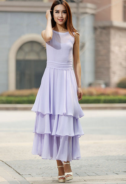 Purple Chiffon Maxi Dress - Sleeveless Tiered with Fitted Waist 929