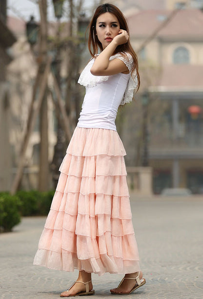 Pink Chiffon Tulle Maxi Skirt - 7-Layer Flowy | Xiaolizi 937