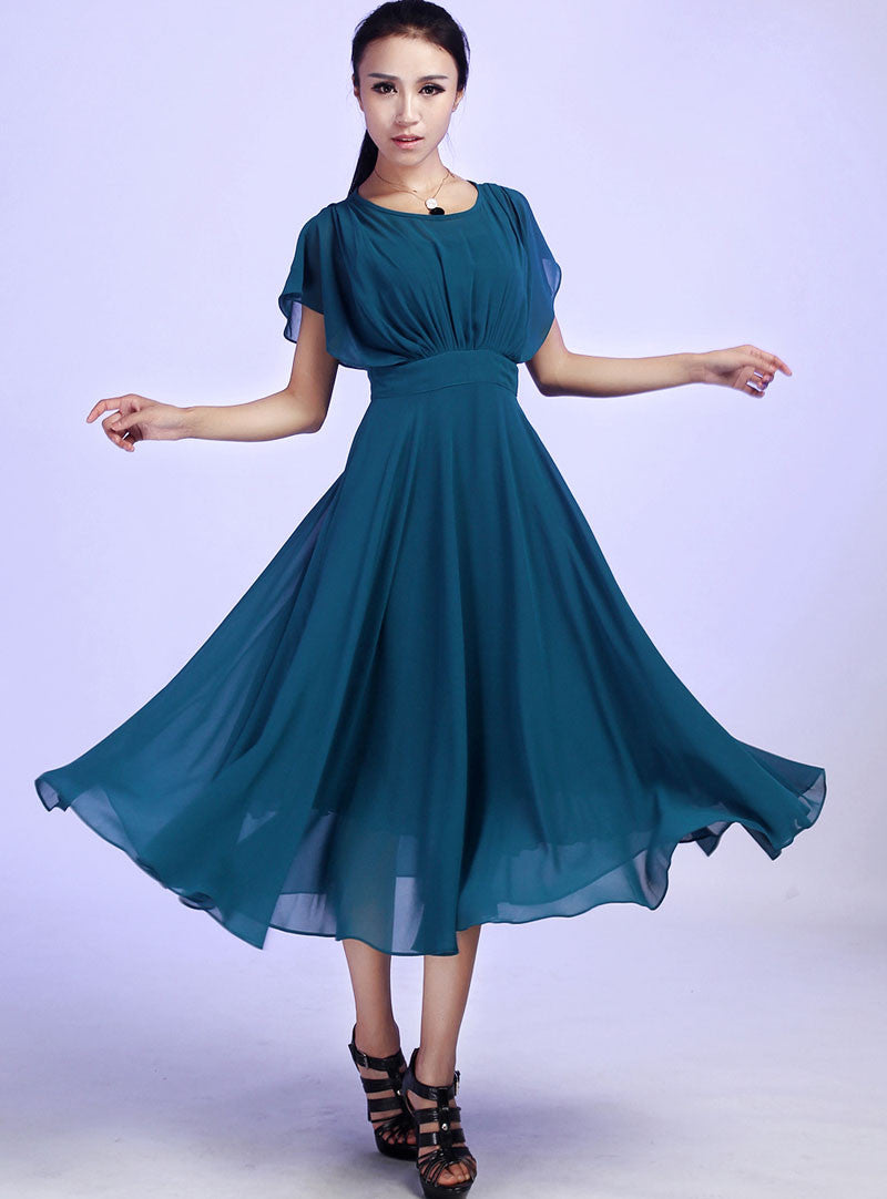 Blue chiffon dress woman Prom dress Custom made maxi dress 613#