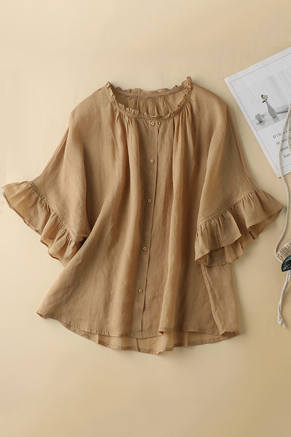 Green Linen Button-Up Top - Half Sleeve V-Neck | Xiaolizi 3646