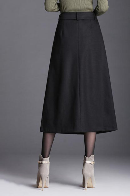 Black Polyester A-Line Midi Skirt - High Waist Winter Elegance S028