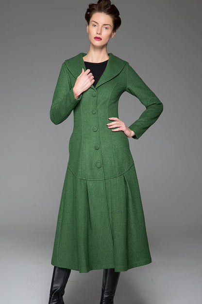 Green Wool Coat – Vintage Single-Breasted Long Winter Overcoat for Women 1413