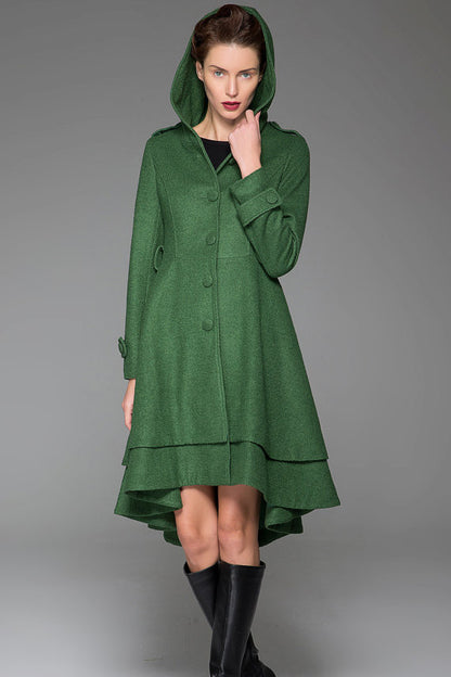 Vintage Wool Coat for Women – Handmade Green Hooded Fit and Flare Winter Coat with Layered Hem | Xiaolizi 1411