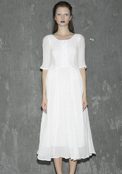 White Linen Maxi Dress - Round Collar Elbow Sleeve 1310
