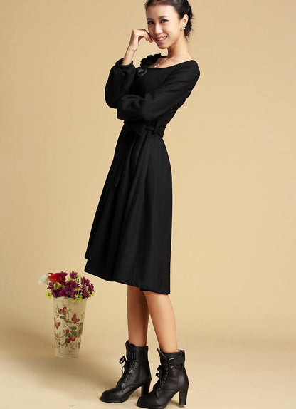 Black Wool Midi Dress - Tie Belt Waist, Long Sleeve 321