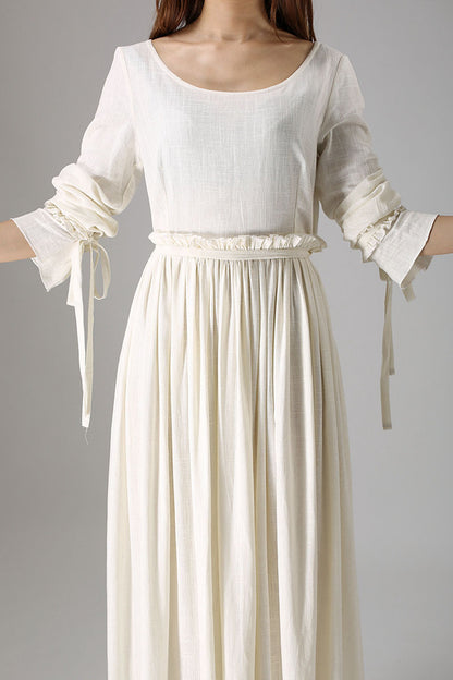 Handmade Linen Maxi Dress – Elegant White Pleated Long Dress for Bridesmaids or Prom 838
