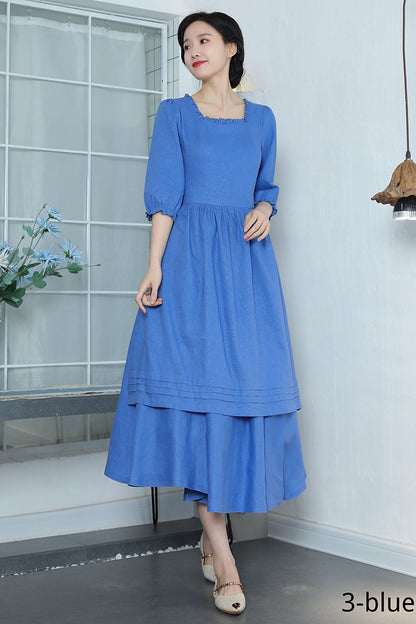 Brown Linen Maxi Dress - Pleated, Square Neckline with Ruffle 3368
