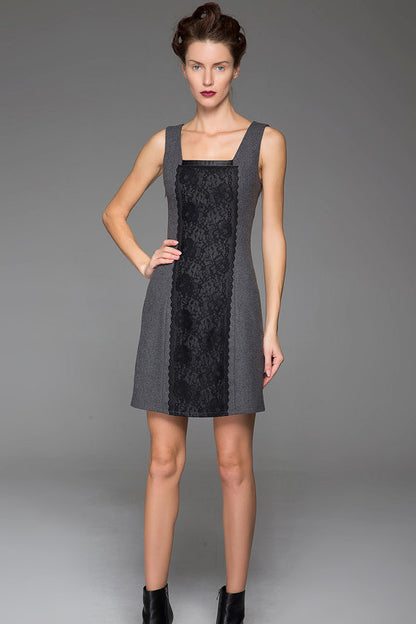 Gray Wool Mini Dress - Black Lace Detail, Slim Fit 1446