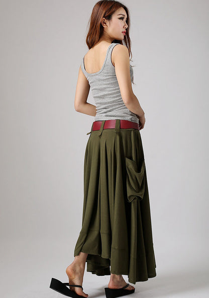 Army Green Linen Maxi Skirt - Wide Flared Silhouette with Pockets 0885