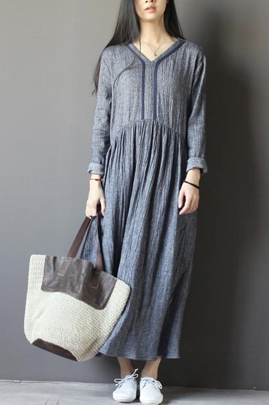 Gray Linen Maxi Dress - V-Neck, Loose Fit Commuter Dress CYM330