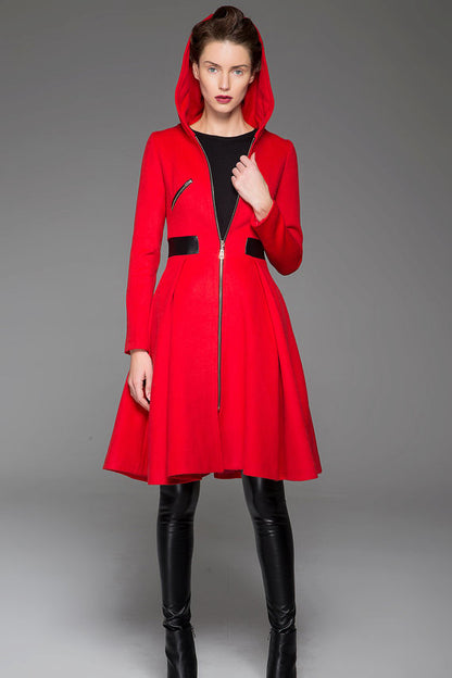 Vintage Wool Coat for Women – Handmade Red Hooded Swing Winter Coat with Zipper | Xiaolizi 1424